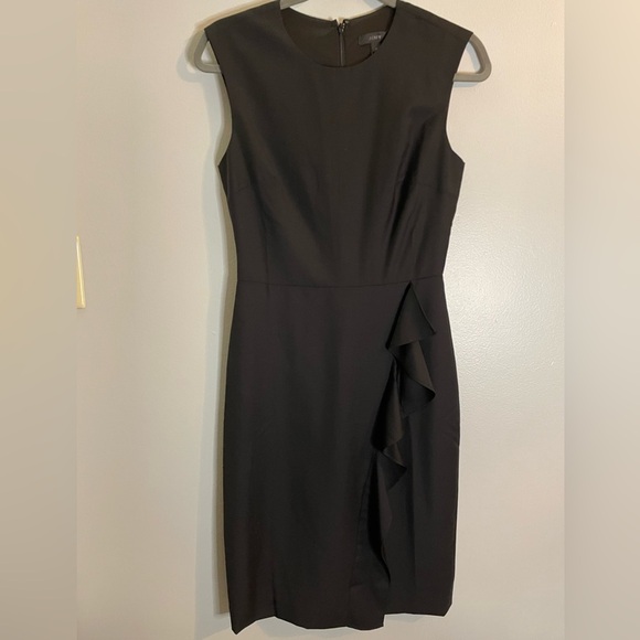 J CREW Wool Sheath Ruffle Dress Black Round Neckline Back Zip Lined SZ/0 - Picture 2 of 10